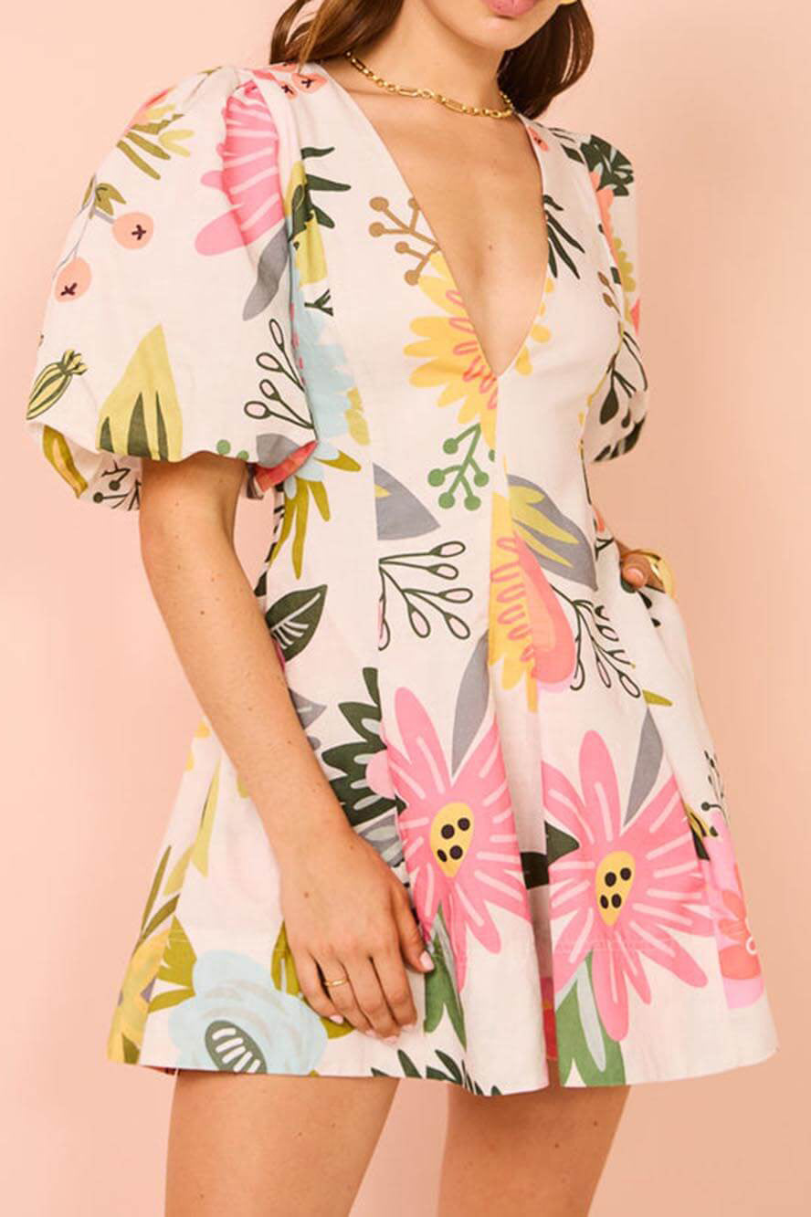 Raquel Statement Floral Print Mini Dress with Puff Sleeves and Pockets Evening Wear Edit