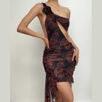 One shoulder ruffle flower print hollow out irregular slit midi dress