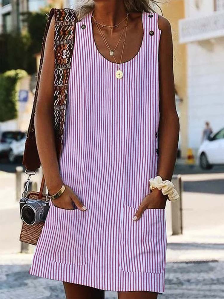 Crew Neck Women Dress Shift Daily Boho Pockets Striped Dress