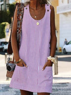 Crew Neck Women Dress Shift Daily Boho Pockets Striped Dress