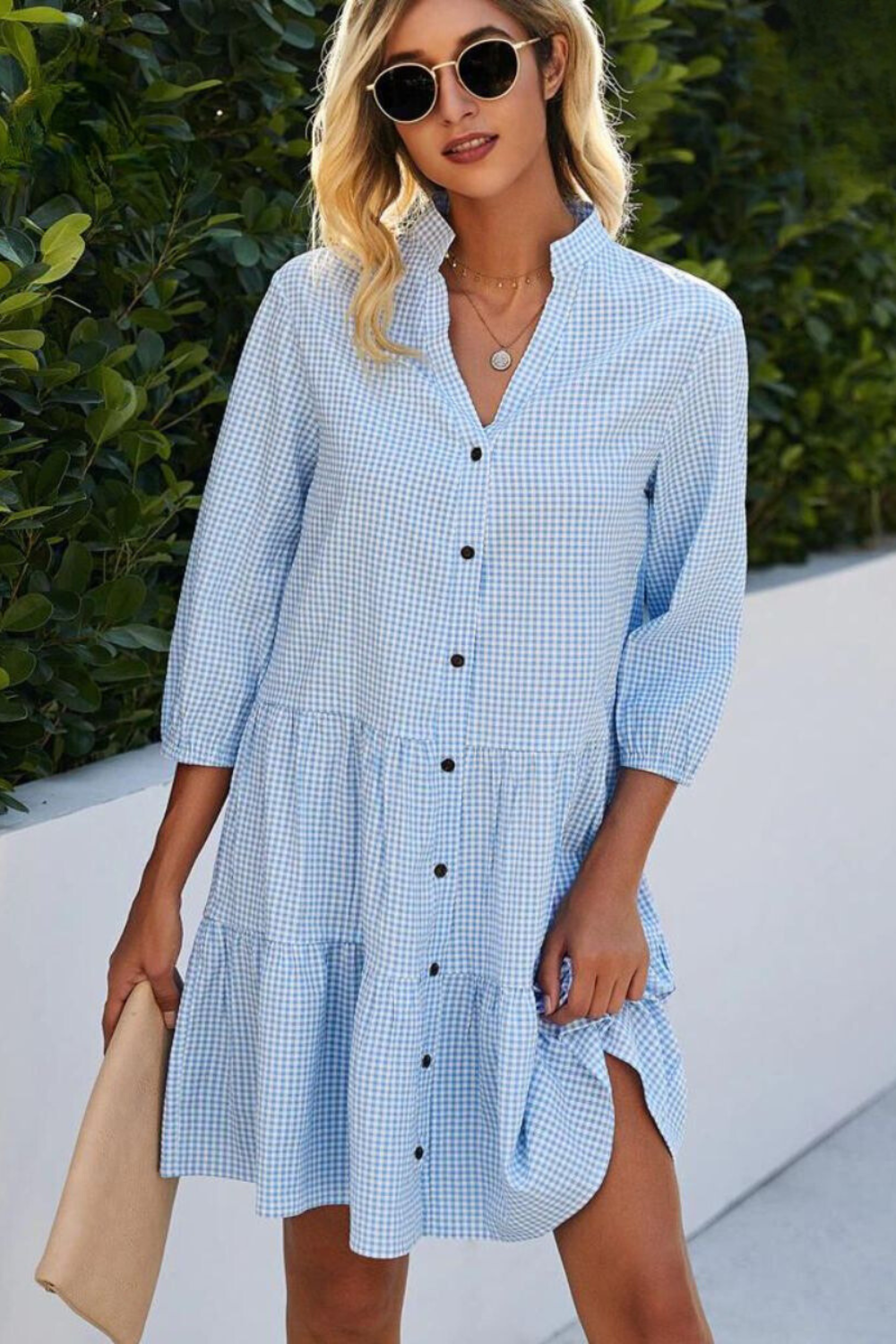 Silvia Minimalist Checked V Neck Dress Elevated Occasion Wear