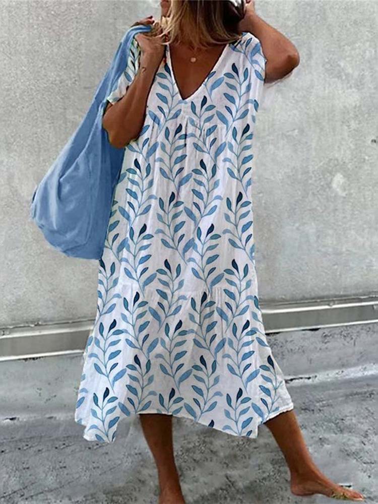Blue Watercolor Short Sleeve White Midi Dress