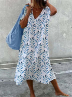 Blue Watercolor Short Sleeve White Midi Dress