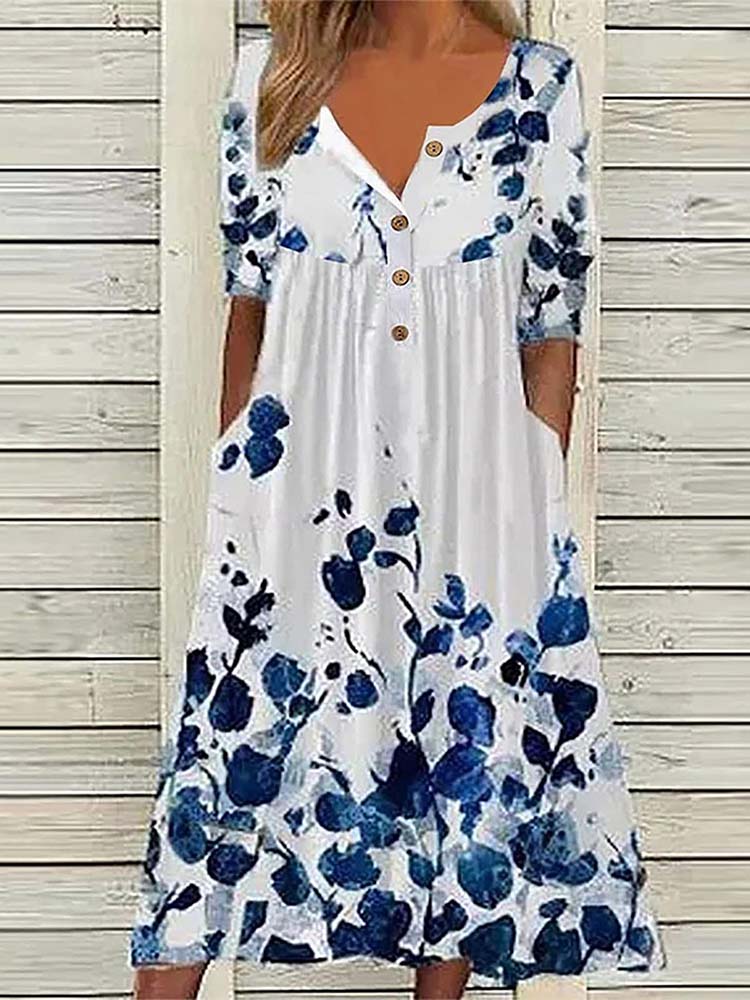 Blue Floral Short Sleeve Pleated Side Pocket Midi Dress