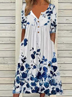 Blue Floral Short Sleeve Pleated Side Pocket Midi Dress