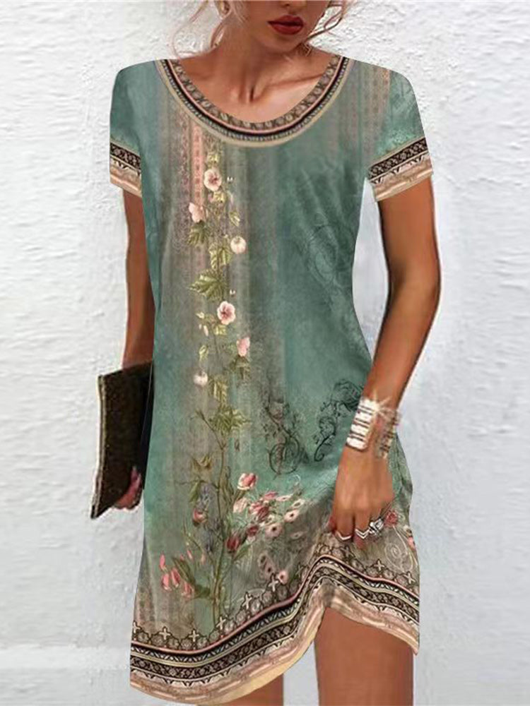 Green Print Round Neck Mini Dress