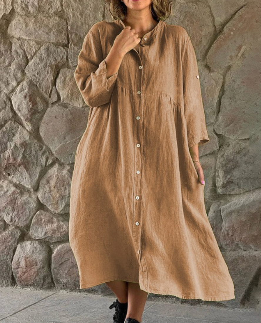 Grecia Chic Casual Long Dress with Button Elevated Occasion Wear