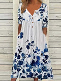 Blue Floral Short Sleeve Pleated Side Pocket Midi Dress