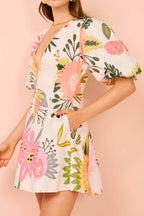 Raquel Statement Floral Print Mini Dress with Puff Sleeves and Pockets Evening Wear Edit
