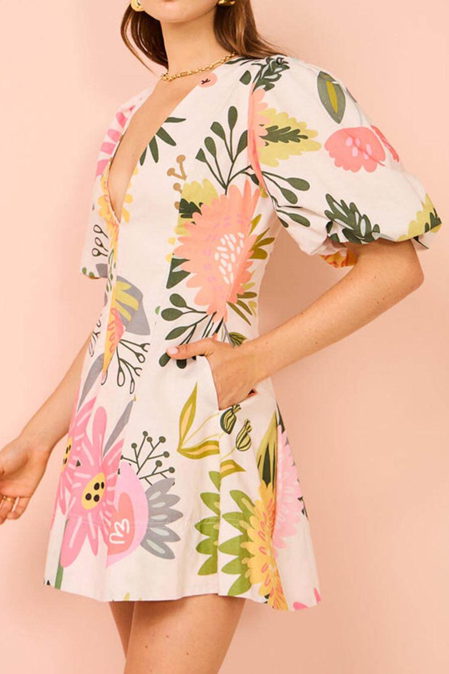 Raquel Statement Floral Print Mini Dress with Puff Sleeves and Pockets Evening Wear Edit