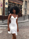 Solid Color Halter Stitching Backless Ruffle Short Dress