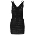 Cowl neck ruched o ring sheer mesh bowknot ribbon backless cami mini dress