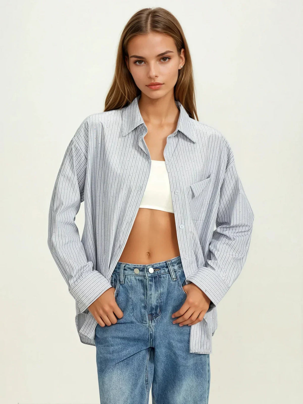Rhinestone Dot Pinstripe Long Sleeves Pocket Shirt