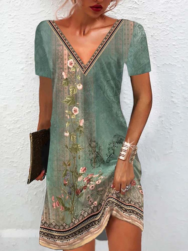 Fancy Trim Watercolor Floral Mini Dress