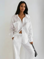 Casual Loose Minimalist Cotton Shirt & Pants Matching Set