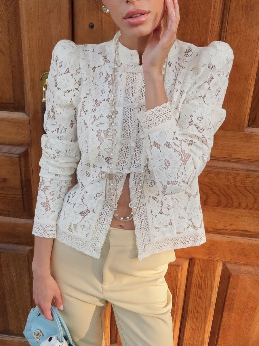 Lace Puff-Sleeve Cotton Tops