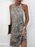 Floral Print Gray Sleeveless High Halter Sheath Mini Dress