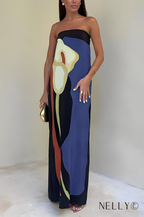 Katia Aesthetic Strapless Color Block Print Maxi Dress Elevated Occasion Wear