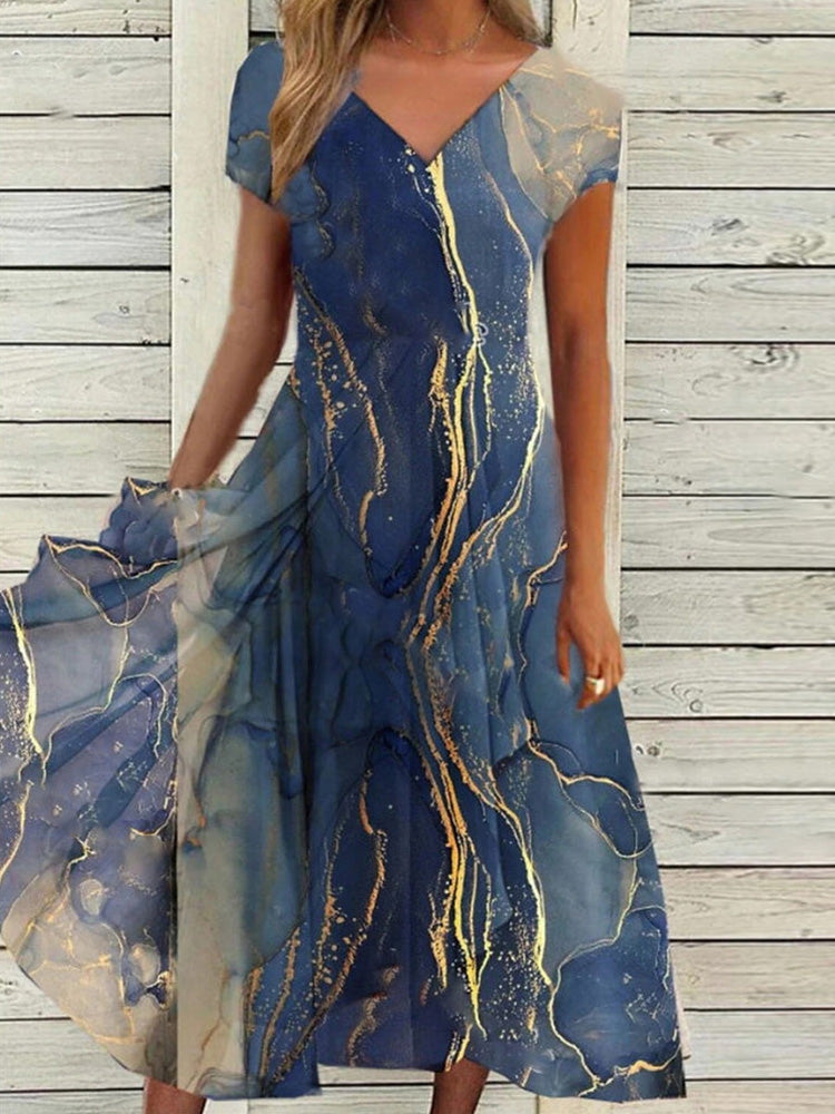 Golden Blue Ocean Wave Marble Print Midi Dress