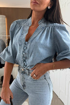 Countryside Perfection Medium Wash Denim Half Sleeve Top - 2 Colors