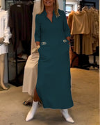 Scarlett Elevated Solid Color Slit Dress with 3/4 Sleeves Everyday Luxe Edit