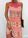 Hot Pink Vintage Cutout Collar Print Mini Dress