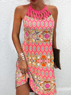 Hot Pink Vintage Cutout Collar Print Mini Dress