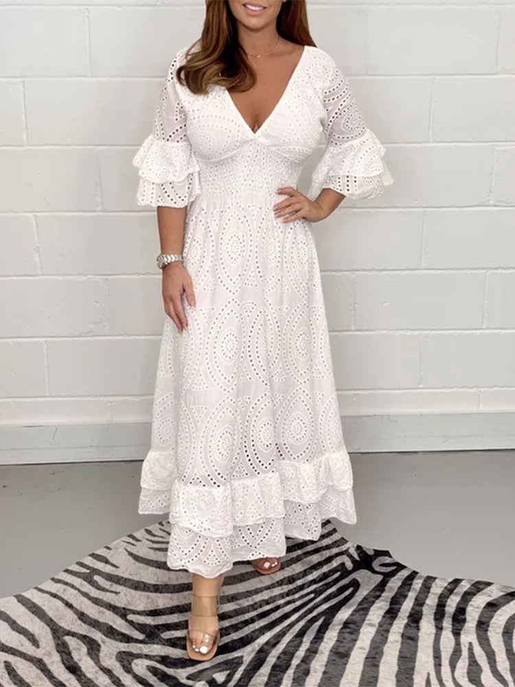 Embroidery Anglaise Frill Sleeve Midi Dress