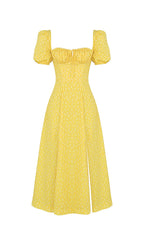 Vintage Floral Puff Sleeve Midi Dress in YelLow