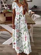 Garden Print V-Neck White Maxi Summer Dress