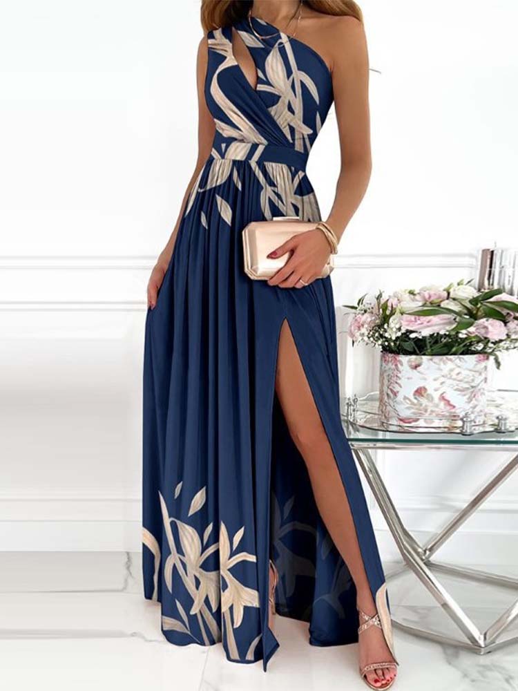 Blue Floral Print High Slit Cutout Maxi Dress