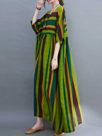 Striped Cotton Short-Sleeves A-Line Dress