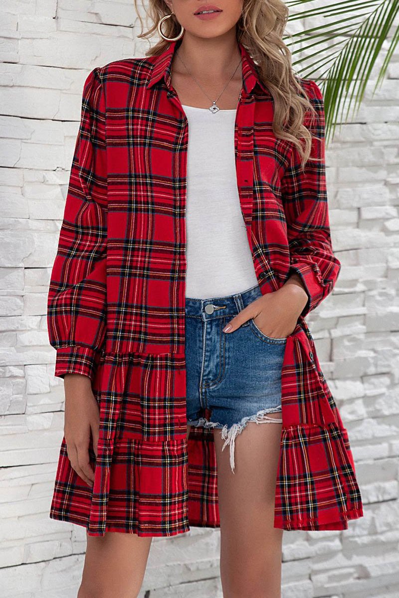 Florcoo Plaid Shirt Long Sleeve Single Dress