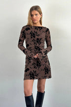 Velvet Floral Flocked Slim Fit Long Sleeve Mini Party Dress