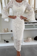 A Delicate Day Floral Lace Long Flared Sleeve Pencil Midi Dress Including Lining