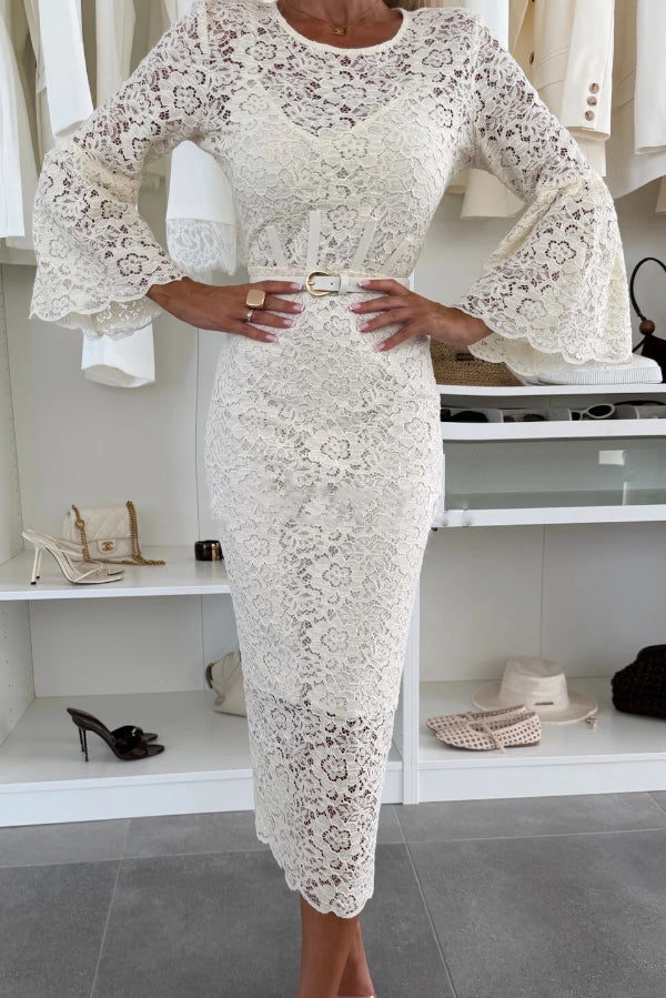 A Delicate Day Floral Lace Long Flared Sleeve Pencil Midi Dress Including Lining