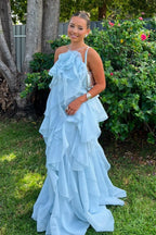 3D Floral Halter Spaghetti Strap Elegant Prom Dress