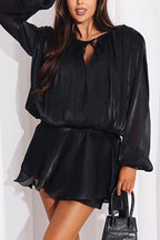 Solid Color Long-sleeved Belted Asymmetrical Mini Dress and Elastic Waist Casual Shorts Set