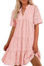 Women's V Neck Short Sleeve Hollow Out Mini Vacation Dress