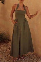 Yolaina Premium Plain Sleeveless Dresses with Pocket Pleats and Halterneck Wardrobe Essential