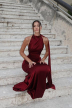 Halter Satin Elegant Solid Color Prom Dress