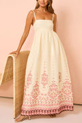 Wendy Elevated Paradise Flowers Linen Blend Unique Print Loose Maxi Dress with Straps and Pockets Statement Occasion Edit