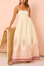 Wendy Elevated Paradise Flowers Linen Blend Unique Print Loose Maxi Dress with Straps and Pockets Statement Occasion Edit