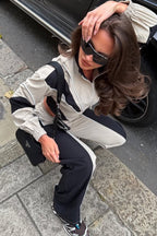 Color Block Zip Irregular Long Sleeve Sports Two Piece Set