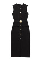 Danina Button Up Sleeveless Metal Belted Pocket Stretch Midi Dress