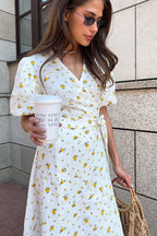 Cotton Printed Puff Sleeve Midi Dress
