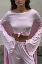 Solid Knit Flowly Long Sleeve Robe Three Piece Set