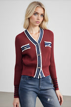 Colorblock Lace Trim V Neck Knit Cardigan