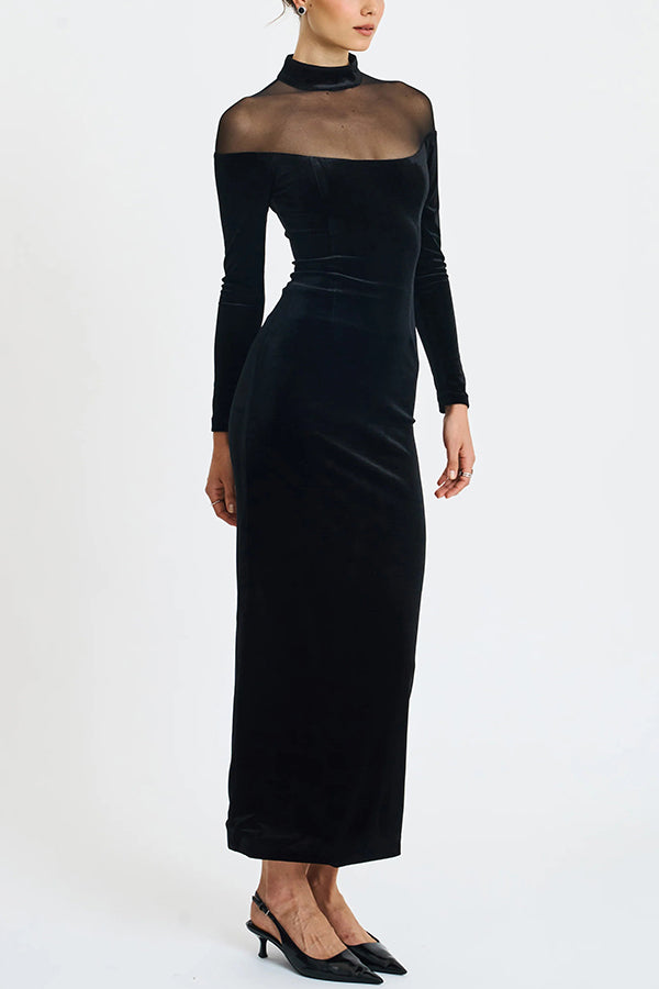 Fashionable Velvet and Mesh Spliced long-sleeved Slim-fit Maxi Dress