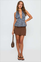 Zebra Print Backless Halter Tie-Waist Blouse